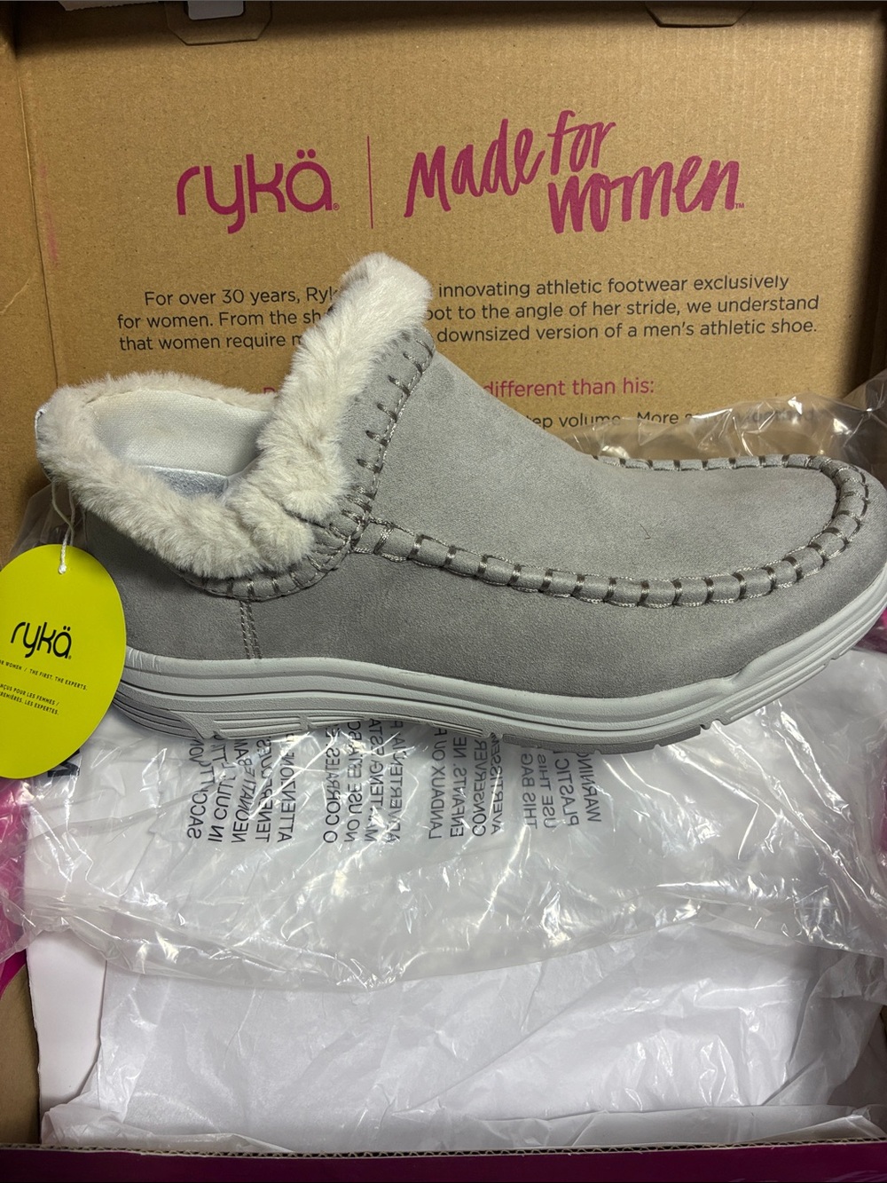 Ryka Women's Light Gray Suede Faux-Fur Lined Slip-On Slipper